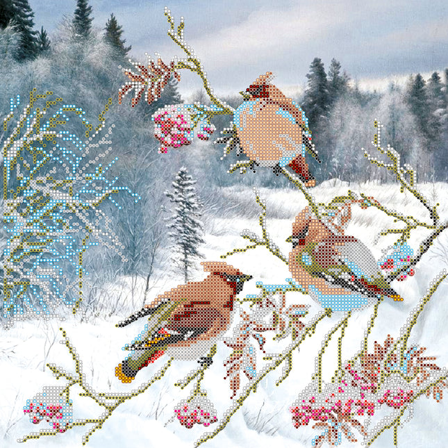 Canvas for bead embroidery "Waxbirds" 11.8"x11.8" / 30.0x30.0 cm