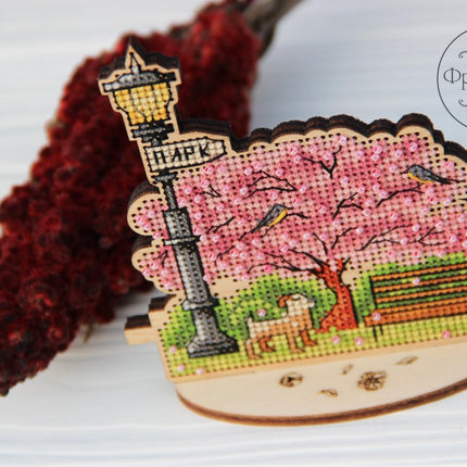 DIY Cross stitch kit on wood "Park" 4.1x4.3 in / 10.5x11.0 cm