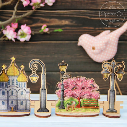 DIY Cross stitch kit on wood "Park" 4.1x4.3 in / 10.5x11.0 cm