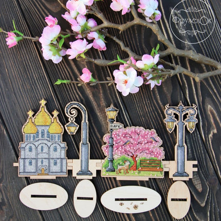 DIY Cross stitch kit on wood "Park" 4.1x4.3 in / 10.5x11.0 cm