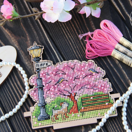 DIY Cross stitch kit on wood "Park" 4.1x4.3 in / 10.5x11.0 cm