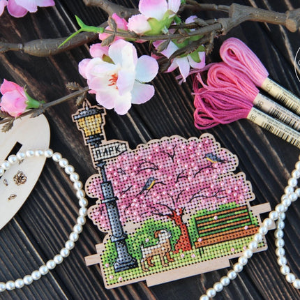 DIY Cross stitch kit on wood "Park" 4.1x4.3 in / 10.5x11.0 cm