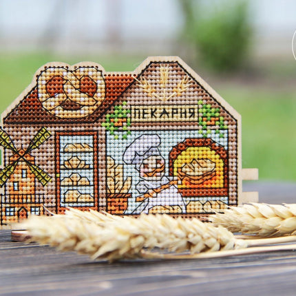 DIY Cross stitch kit on wood "Bakery" 4.9x3.1 in / 12.5x8.0 cm