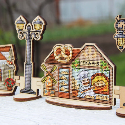 DIY Cross stitch kit on wood "Bakery" 4.9x3.1 in / 12.5x8.0 cm