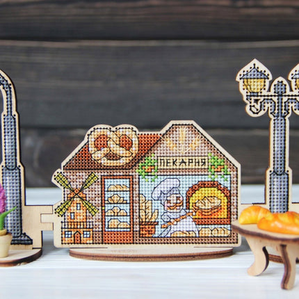 DIY Cross stitch kit on wood "Bakery" 4.9x3.1 in / 12.5x8.0 cm