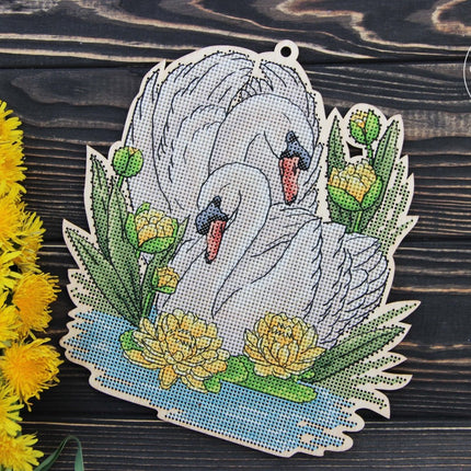 DIY Cross stitch kit on wood "Swans" 7.7x7.3 in / 19.5x18.5 cm