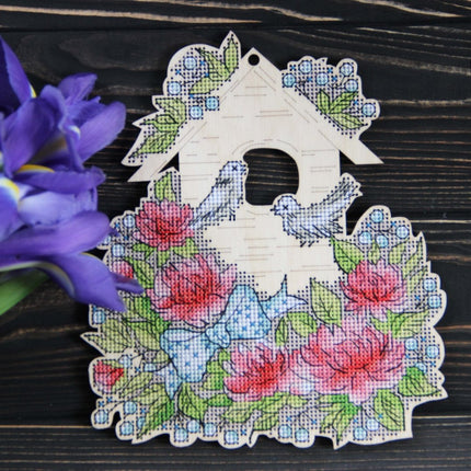 DIY Cross stitch kit on wood "Idyll" 7.1x6.1 in / 18.0x15.5 cm