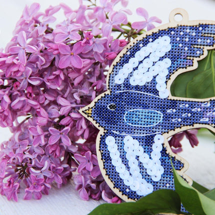 DIY Cross stitch kit on wood "Blue bird" 3.9x4.9 in / 10.0x12.5 cm