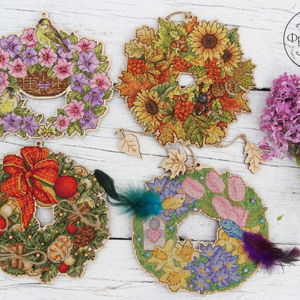 DIY Cross stitch kit on wood "Petunias" 7.9x7.5 in / 20.0x19.0 cm