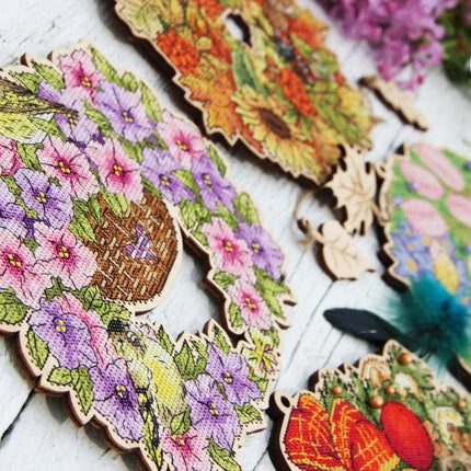 DIY Cross stitch kit on wood "Petunias" 7.9x7.5 in / 20.0x19.0 cm