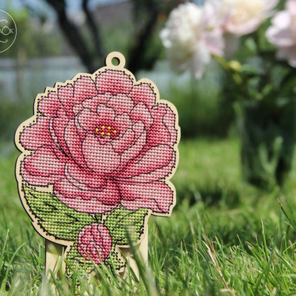 DIY Cross stitch kit on wood "Peony" 5.5x3.9 in / 14.0x10.0 cm