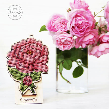 DIY Cross stitch kit on wood "Peony" 5.5x3.9 in / 14.0x10.0 cm