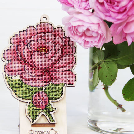 DIY Cross stitch kit on wood "Peony" 5.5x3.9 in / 14.0x10.0 cm