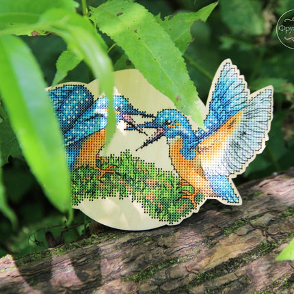 DIY Cross stitch kit on wood "Kingfisher" 7.2x4.7 in / 18.3x12.0 cm