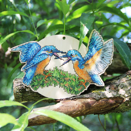 DIY Cross stitch kit on wood "Kingfisher" 7.2x4.7 in / 18.3x12.0 cm