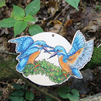 DIY Cross stitch kit on wood "Kingfisher" 7.2x4.7 in / 18.3x12.0 cm