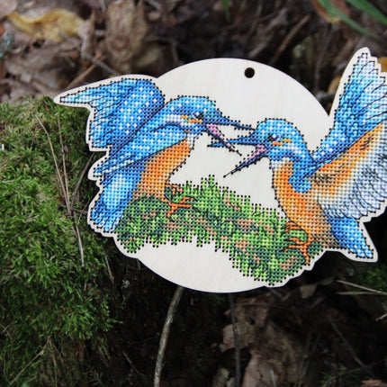 DIY Cross stitch kit on wood "Kingfisher" 7.2x4.7 in / 18.3x12.0 cm