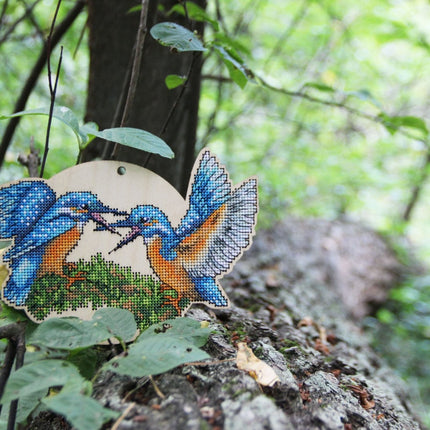 DIY Cross stitch kit on wood "Kingfisher" 7.2x4.7 in / 18.3x12.0 cm