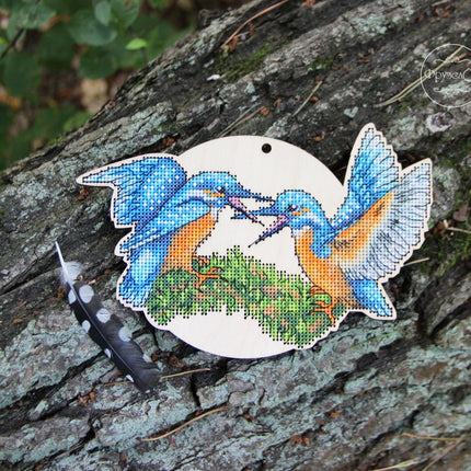 DIY Cross stitch kit on wood "Kingfisher" 7.2x4.7 in / 18.3x12.0 cm