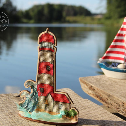 DIY Cross stitch kit on wood "Lighthouse" 3.9x5.7 in / 10.0x14.5 cm