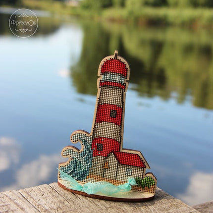 DIY Cross stitch kit on wood "Lighthouse" 3.9x5.7 in / 10.0x14.5 cm