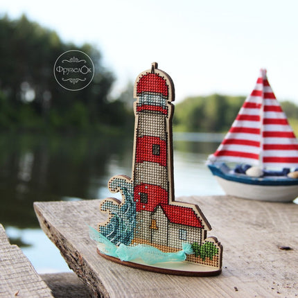 DIY Cross stitch kit on wood "Lighthouse" 3.9x5.7 in / 10.0x14.5 cm