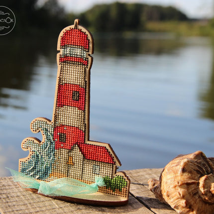DIY Cross stitch kit on wood "Lighthouse" 3.9x5.7 in / 10.0x14.5 cm