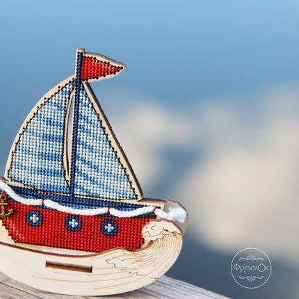 DIY Cross stitch kit on wood "Sailboat" 4.5x3.9 in / 11.5x10.0 cm