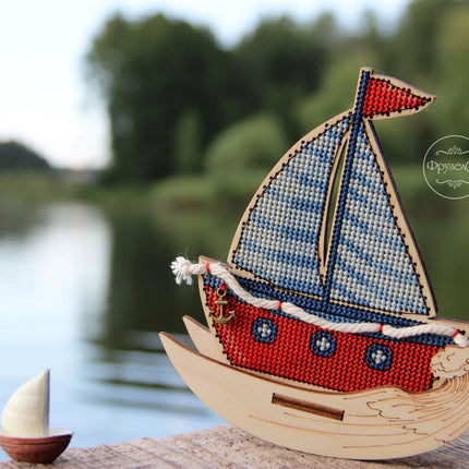 DIY Cross stitch kit on wood "Sailboat" 4.5x3.9 in / 11.5x10.0 cm