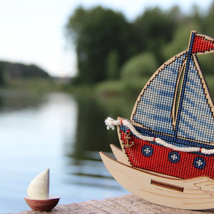 DIY Cross stitch kit on wood "Sailboat" 4.5x3.9 in / 11.5x10.0 cm