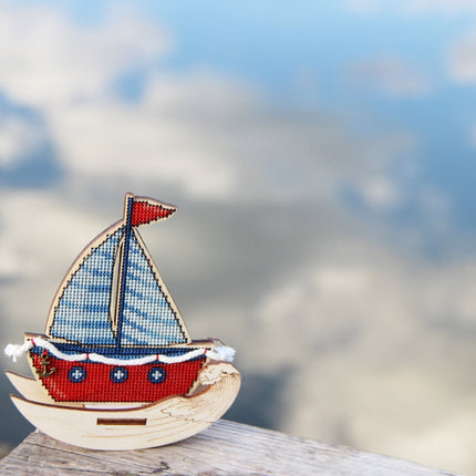 DIY Cross stitch kit on wood "Sailboat" 4.5x3.9 in / 11.5x10.0 cm