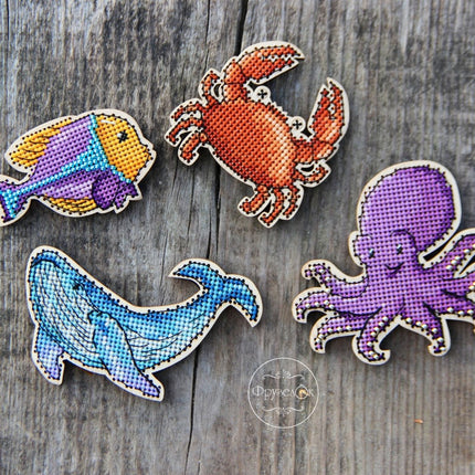 DIY Cross stitch kit on wood "Marine Life" 3.7x2.4 in, 3.3x3.0 in, 2.4x2.4 in, 3.0x1.8 in / 9.5x6.0 cm, 8.5x7.5 cm, 6.0x6.0 cm, 7.5x4.5 cm