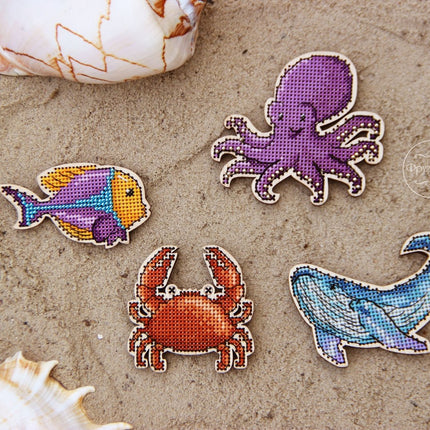 DIY Cross stitch kit on wood "Marine Life" 3.7x2.4 in, 3.3x3.0 in, 2.4x2.4 in, 3.0x1.8 in / 9.5x6.0 cm, 8.5x7.5 cm, 6.0x6.0 cm, 7.5x4.5 cm