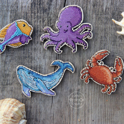 DIY Cross stitch kit on wood "Marine Life" 3.7x2.4 in, 3.3x3.0 in, 2.4x2.4 in, 3.0x1.8 in / 9.5x6.0 cm, 8.5x7.5 cm, 6.0x6.0 cm, 7.5x4.5 cm
