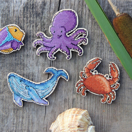 DIY Cross stitch kit on wood "Marine Life" 3.7x2.4 in, 3.3x3.0 in, 2.4x2.4 in, 3.0x1.8 in / 9.5x6.0 cm, 8.5x7.5 cm, 6.0x6.0 cm, 7.5x4.5 cm