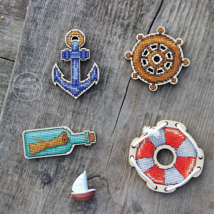 DIY Cross stitch kit on wood "Sea Voyage" 3.0x3.1 in, 2.8x2.8 in, 3.0x2.1 in, 3.1x1.3 in / 7.7x8.0 cm, 7.0x7.0 cm, 7.5x5.3 cm, 8.0x3.2 cm