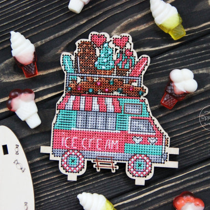 DIY Cross stitch kit on wood "Ice Cream Truck" 3.9x4.3 in / 10.0x11.0 cm