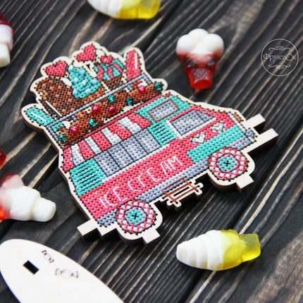 DIY Cross stitch kit on wood "Ice Cream Truck" 3.9x4.3 in / 10.0x11.0 cm