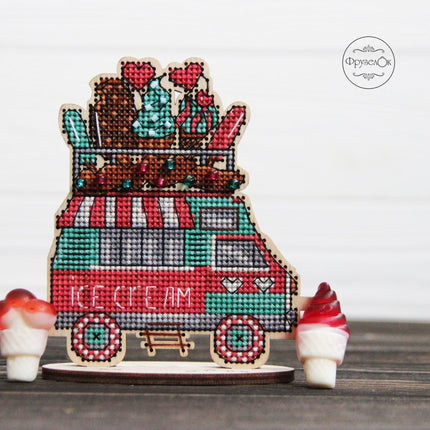 DIY Cross stitch kit on wood "Ice Cream Truck" 3.9x4.3 in / 10.0x11.0 cm