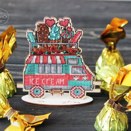 DIY Cross stitch kit on wood "Ice Cream Truck" 3.9x4.3 in / 10.0x11.0 cm