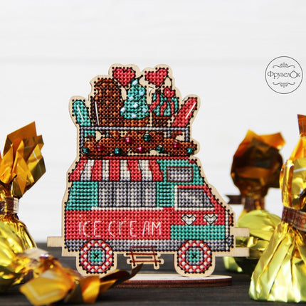 DIY Cross stitch kit on wood "Ice Cream Truck" 3.9x4.3 in / 10.0x11.0 cm