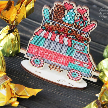 DIY Cross stitch kit on wood "Ice Cream Truck" 3.9x4.3 in / 10.0x11.0 cm