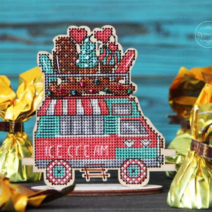 DIY Cross stitch kit on wood "Ice Cream Truck" 3.9x4.3 in / 10.0x11.0 cm