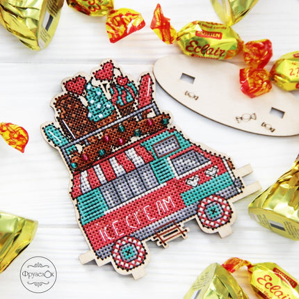 DIY Cross stitch kit on wood "Ice Cream Truck" 3.9x4.3 in / 10.0x11.0 cm