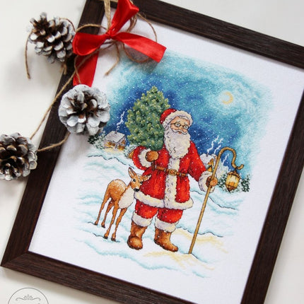 DIY Cross Stitch Kit "Santa Claus with a deer" 10.6x8.5 in / 27.0x21.5 cm