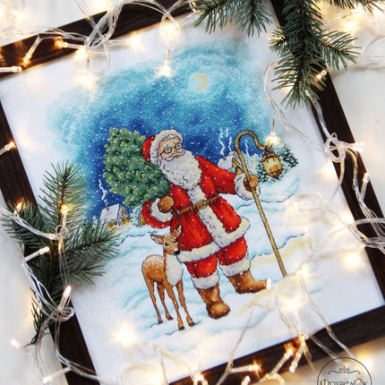 DIY Cross Stitch Kit "Santa Claus with a deer" 10.6x8.5 in / 27.0x21.5 cm