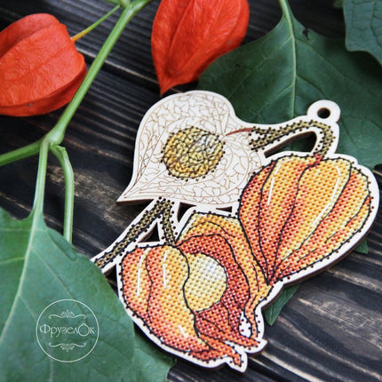 DIY Cross stitch kit on wood "Physalis" 4.5x3.9 in / 11.5x10.0 cm