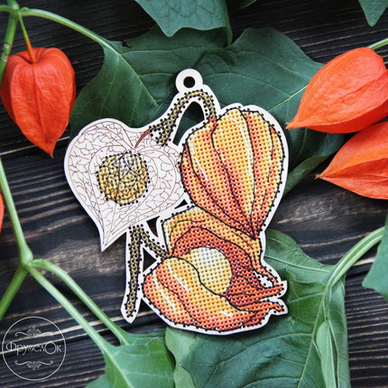 DIY Cross stitch kit on wood "Physalis" 4.5x3.9 in / 11.5x10.0 cm