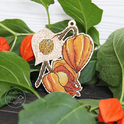 DIY Cross stitch kit on wood "Physalis" 4.5x3.9 in / 11.5x10.0 cm