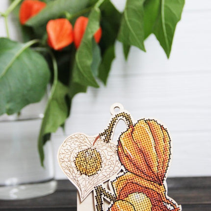 DIY Cross stitch kit on wood "Physalis" 4.5x3.9 in / 11.5x10.0 cm